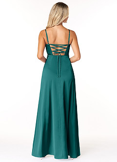 Azazie Marchella Bridesmaid Dresses Peacock A-Line Corset Stretch Satin Dress image2