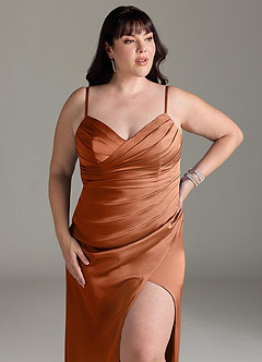 Azazie Yola Bridesmaid Dresses Copper Sheath V-Neck Pleated Stretch Satin Convertible Dress image14