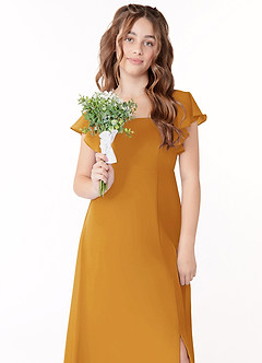 Azazie Bondi Junior Butterscotch A-Line Bow Chiffon Dress image4