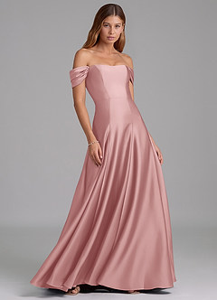 Azazie Seriana 신부 들러리 드레스 A라인 오프 더 숄더 스트레치 새틴 바닥 길이 드레스 image4