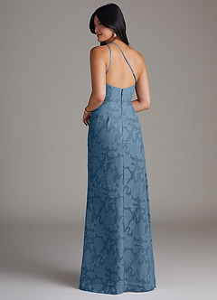 Azazie Mika Bridesmaid Dresses Steel Blue Sheath One Shoulder Floral Burnout Dress image4