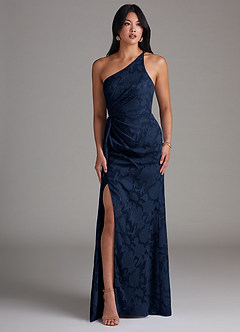 Azazie Mika Bridesmaid Dresses Dark Navy Sheath One Shoulder Floral Burnout Dress image3