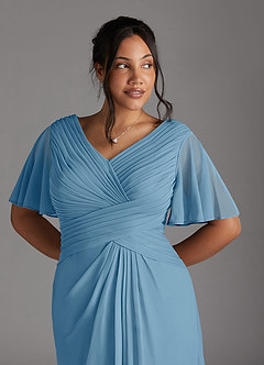 Azazie Emmeline Mother of the Bride Dresses Steel Blue A-Line V-Neck Pleated Mesh Dress image10