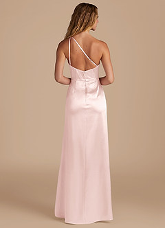 Azazie Mika Bridesmaid Dresses Blushing Pink Sheath One Shoulder Metallic Satin Dress image5