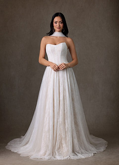 Azazie Adriana At-home Try On Dresses Diamond White Champagne A-Line Strapless Lace Dress image1