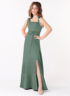Azazie Barbara Junior Eucalyptus A-Line Bow Matte Satin Dress image1