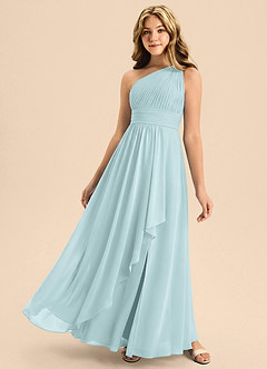 Azazie Skye Junior Abito A-Line in Chiffon Plissettato Nebbia image1