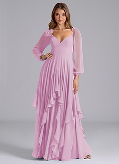 Azazie Karan Robes de demoiselle d'honneur Robe Trapèze en Mousseline de soie Manche longue Rose Bonbon image3