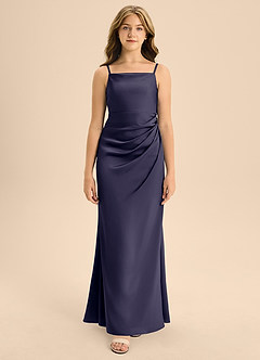 Azazie Renna Junior Robe Trapèze en Satin extensible Plissée Bleu Orageux image6