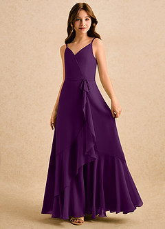 Azazie Amiah Girls Formal Robe Demoiselle D'honneur Fillette Robe Trapèze en Mousseline de soie Rayé Grain De Raisin image1