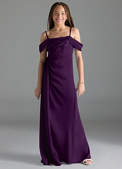 Azazie Amyra Junior Grape Sheath Off the Shoulder Stretch Satin Dress image1
