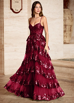 Tindra Burgunderrot Pailletten-Rüschen-Abendkleid image7