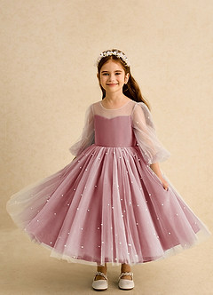 Azazie Trudy vestidos de niña de las flores Vestido de Rosa Antigua de Tul de Corte Princesa con Escote de Corazón image5