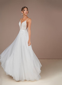 Azazie Celandine Vestidos de novia Vestido de Blanco Diamante Champán de Tul de Corte en A con Lentejuelas Cuello V image4