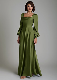 Azazie Solana Bridesmaid Dresses Olive A-Line Long Sleeve Stretch Satin Dress image6