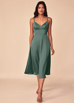 Azazie Dottie Final Sale Agave A-Line Stretch Satin Dress image1