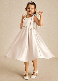 Azazie Chelsie Flower Girl Dresses White Alabaster A-Line Bow Matte Satin Dress image3