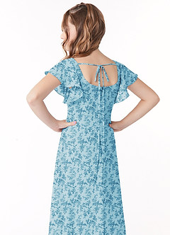 Azazie Bondi Junior Blue Fern Floral A-Line Bow Chiffon Dress image3