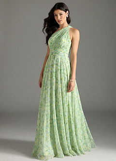 Azazie Charlize Vestidos de damas de honor Vestido de Salvia Floral De Ensueño de Gasa de Corte en A con Hombro unilateral image4
