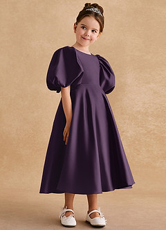 Azazie Sugarplum Robe Demoiselle D'honneur Fillette Robe Trapèze en Mat Satiné avec manches Prune image6