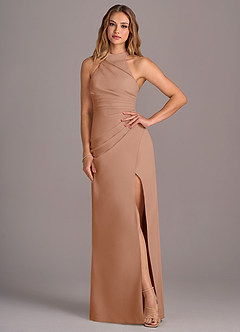 Azazie Jemma Bridesmaid Dresses Champagne Rose Sheath Pleated Chiffon Dress image4