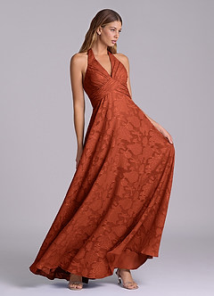 Azazie Tessie Robes de demoiselle d'honneur Robe Trapèze en Blumen-Burnout Plissée Auburn image5