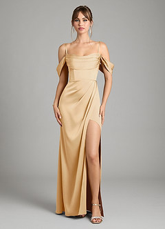 Azazie Johana Bridesmaid Dresses Gold Mermaid Off the Shoulder Stretch Satin Convertible Dress image3