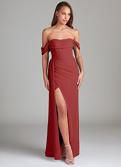 Azazie Amyra Bridesmaid Dresses Rust Sheath Off the Shoulder Chiffon Convertible Dress image4
