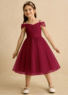 Azazie Lila Girls Formal Robe Demoiselle D'honneur Fillette Robe Trapèze en Tulle Épaule décolletée Bourgogne image3