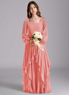 Azazie Clara Junior Abito A-Line in Chiffon Blusa Corallo image7