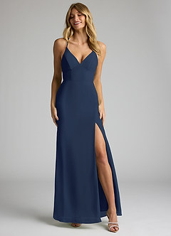 Azazie Becca Bridesmaid Dresses Dark Navy Sheath V-Neck Chiffon Dress image4