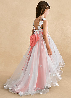 Azazie Celia Flower Girl Dresses Coral A-Line Lace Tulle Dress image5