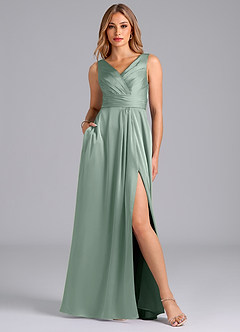 Azazie Karina Final Sale Agave A-Line Pleated Stretch Satin Dress image1
