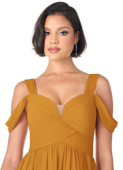 Azazie Lianne Bridesmaid Dresses Butterscotch A-Line Off the Shoulder Chiffon Dress image5