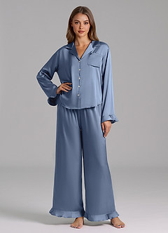 front Matching Color Ruffled Satin Long Sleeve Pajama Set