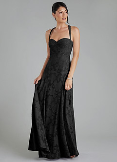 Azazie Bea Bridesmaid Dresses Black A-Line Corset Floral Burnout Dress image1