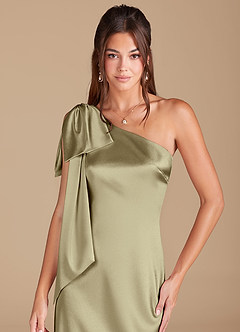 Azazie Capri Bridesmaid Dresses Moss Green Sheath One Shoulder Metallic Satin Dress image5