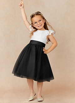 Azazie Vetty Flower Girl Dresses Ivory Black A-Line Lace Tulle Dress image1