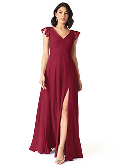 Azazie Claudine Bridesmaid Dresses Burgundy A-Line Flutter Sleeve Chiffon Dress image2