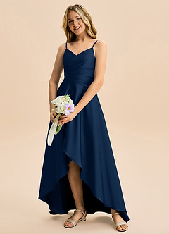 Azazie Eirlys Junior Dark Navy A-Line Pleated Stretch Satin Dress image4