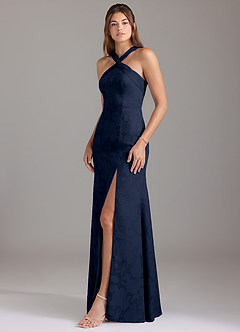 Azazie Rue Bridesmaid Dresses Dark Navy A-Line Pleated Floral Burnout Dress image3