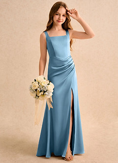 Azazie Noah Girls Formal Jurken voor bloemenmeisjes Kolom Jurk van Stretch Satijn Geplooide Staal Blauw image4