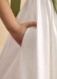 Azazie Stacie Flower Girl Dresses Ivory Moss Green A-Line Bow Matte Satin Dress image6
