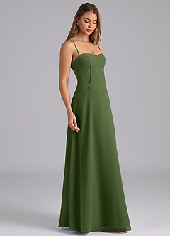 Azazie Valentine Vestidos de damas de honor Vestido de Oliva de Gasa de Corte en A con Corsé image5