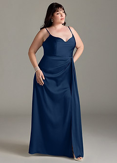 Azazie Brielle Robes de demoiselle d'honneur Robe Trapèze en Satin extensible Bretelles spaghetti Bleu Marine Foncé image9