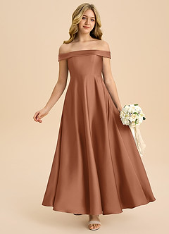 Azazie Sissy Junior Abito A-Line in Raso Elasticizzato a Spalla Scoperta Bronzo image1