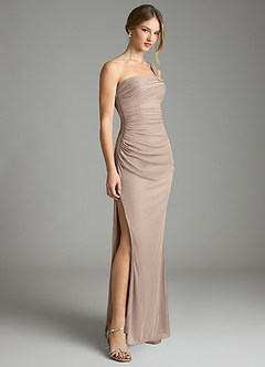 Azazie Tati Jurken voor bruidsmeisjes Jurk van Mesh met Kolom Off the Shoulder Taupe image3