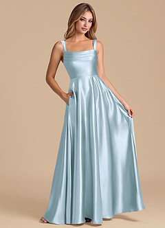 Azazie Shaude 신부 들러리 드레스 A라인 주름진 메탈릭 새틴 바닥 길이 드레스 image3