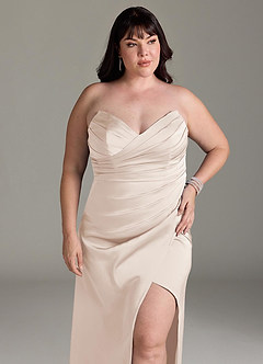 Azazie Yola Vestidos de damas de honor Vestido de Alabastro Blanco de Satén Elástico de Corte Recto Convertible con Cuello en V Plisado image13