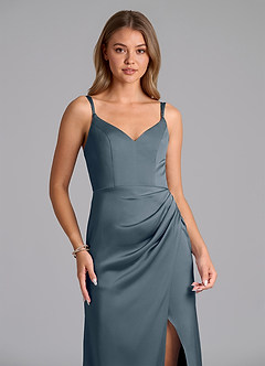 Azazie Leo Final Sale Twilight Sheath Pleated Stretch Satin Dress image4